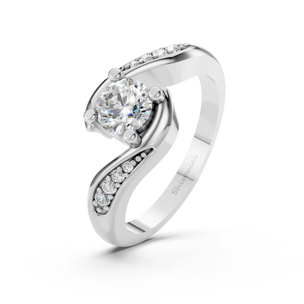 White gold bypass solitaire ring render with diamond-set shoulders, angled view