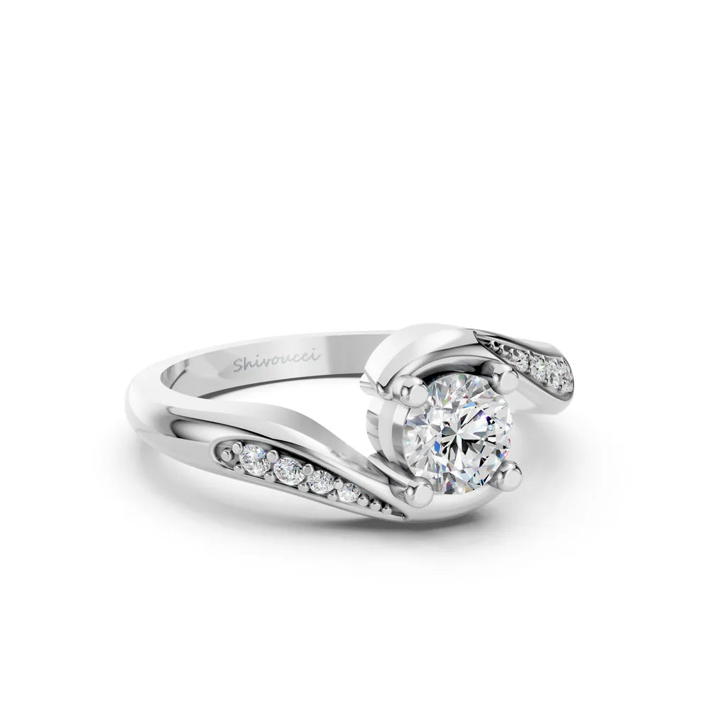 Bypass solitaire ring design in white gold, three-quarter view