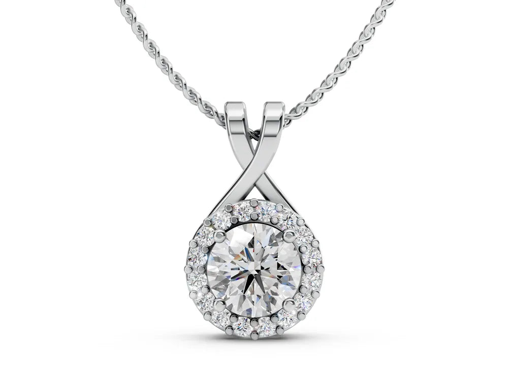 White gold halo pendant render with a round centre diamond and crossover bail