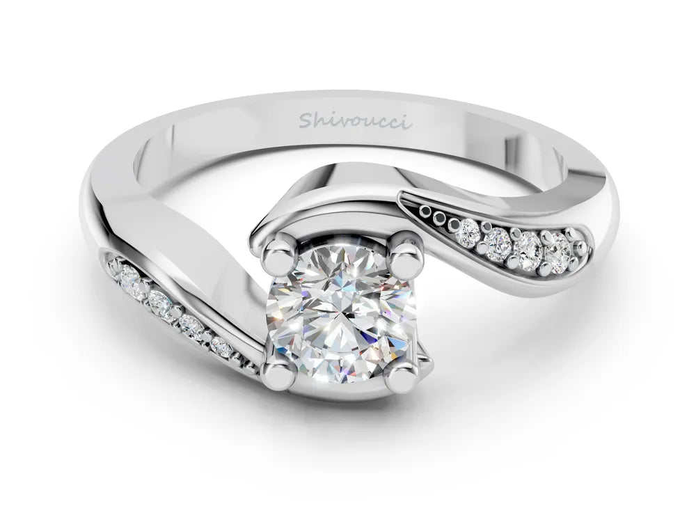 White gold bypass solitaire ring render with diamond-set shoulders