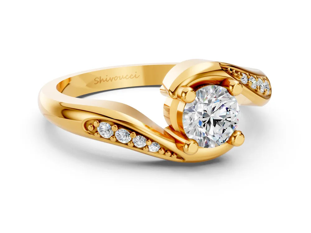 Yellow gold bypass solitaire ring render, one of the design's three metal variants