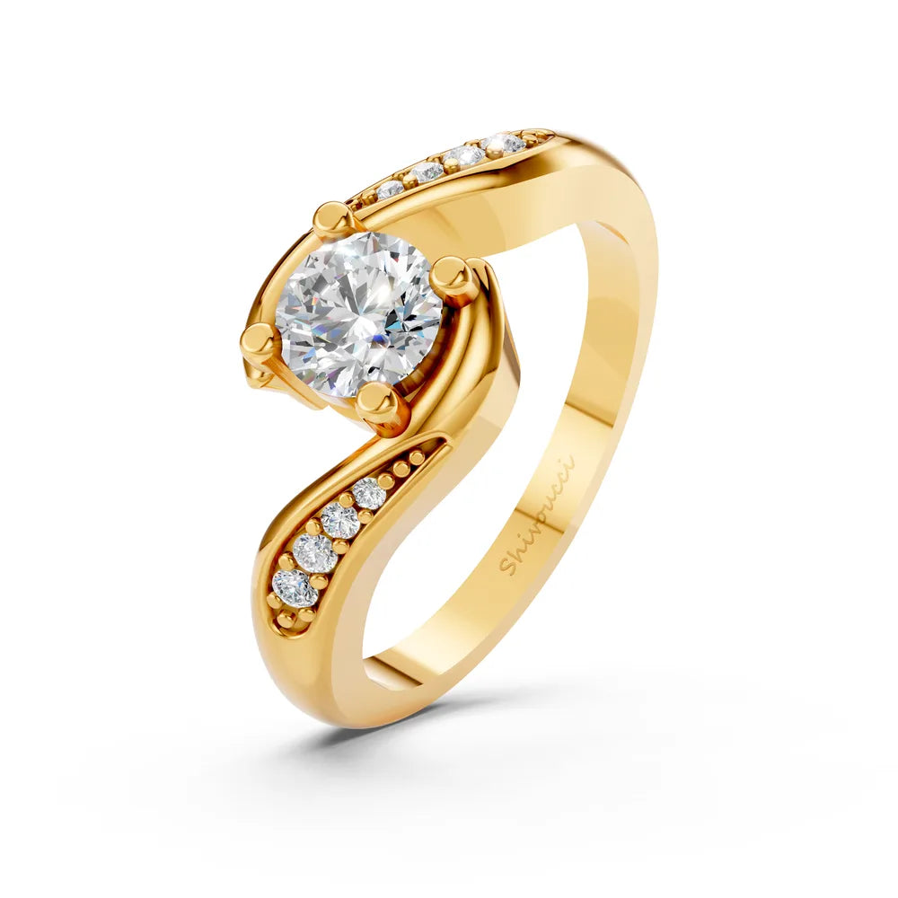 Yellow gold bypass solitaire ring render with diamond-set shoulders, angled view