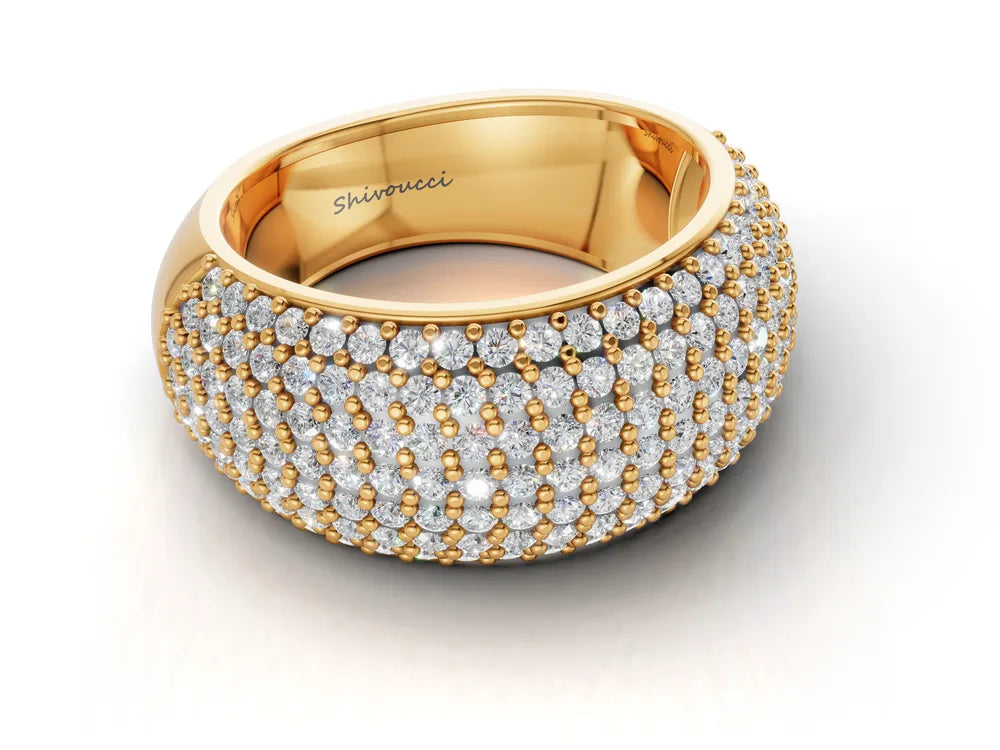 Yellow gold dome band render with rows of pavé-set diamonds