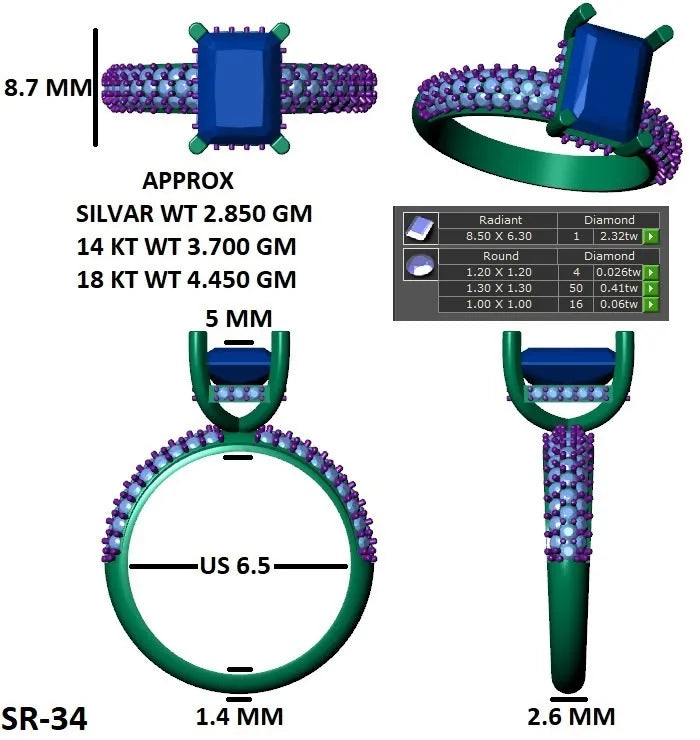 Measured CAD sheet for ring SR-34 with metal weights, stone report and ring size