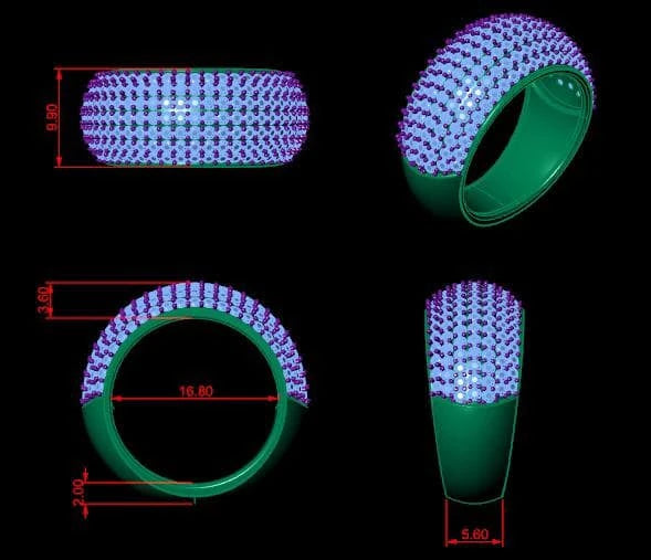 Measured CAD views of a pavé ring showing the top, front, side and profile with dimensions
