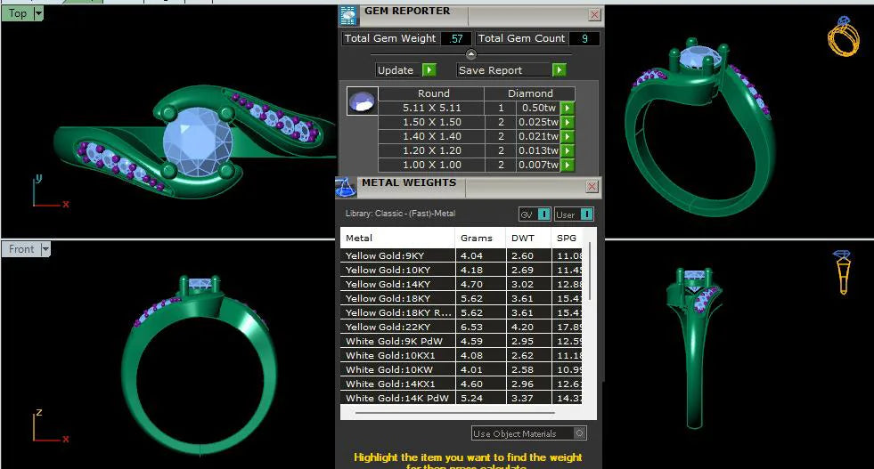 CAD review screen showing a bypass ring in four views with its gem and metal weight report
