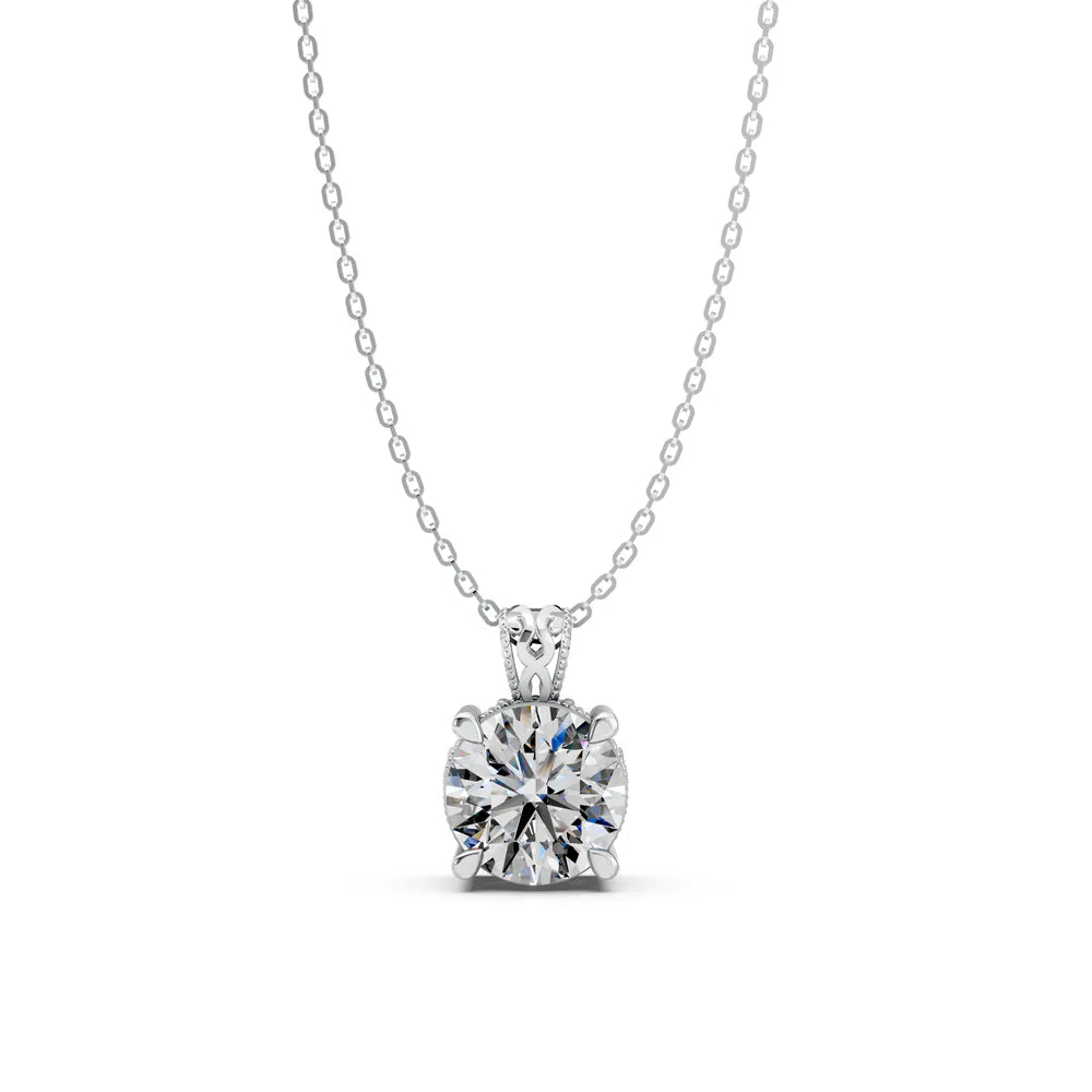 Round solitaire pendant design in white gold, front view