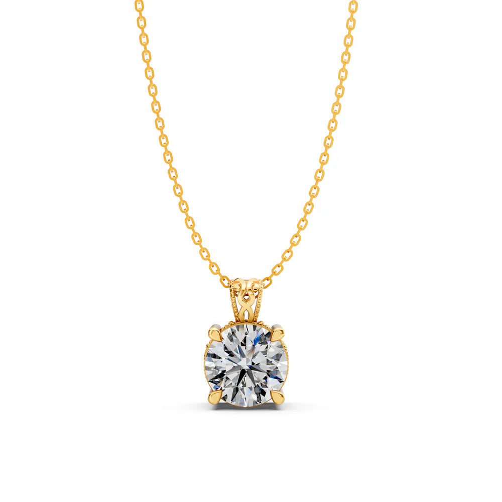 Round solitaire pendant design in yellow gold, front view